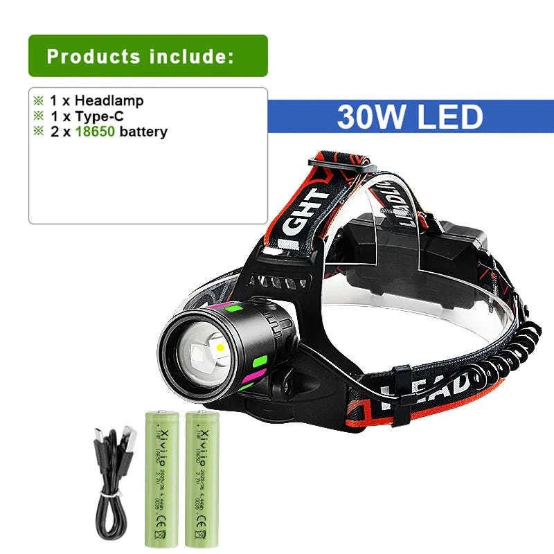 Ultra-Bright LED Headlamp with Zoom, Waterproof, Rechargeable-B-18650 battery