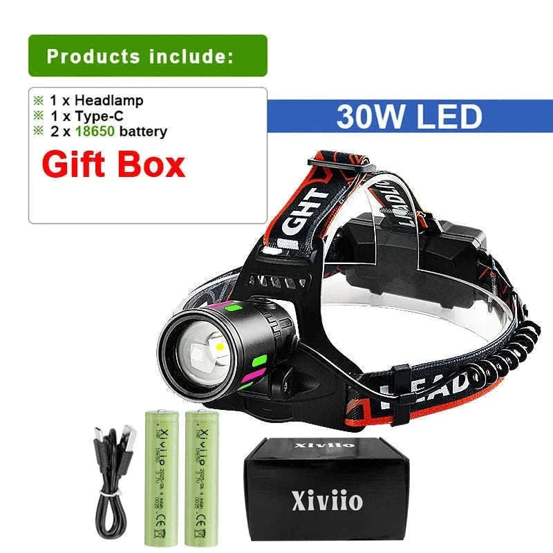 Ultra-Bright LED Headlamp with Zoom, Waterproof, Rechargeable-B-18650 battery