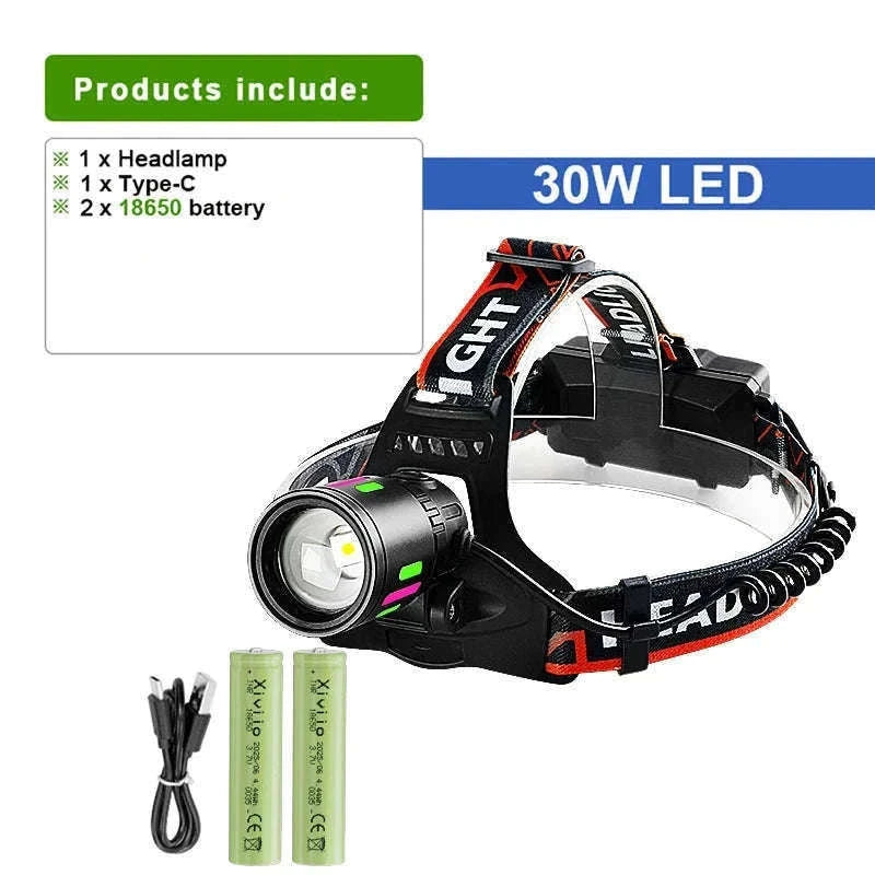 Ultra-Bright LED Headlamp with Zoom, Waterproof, Rechargeable-B-18650 battery