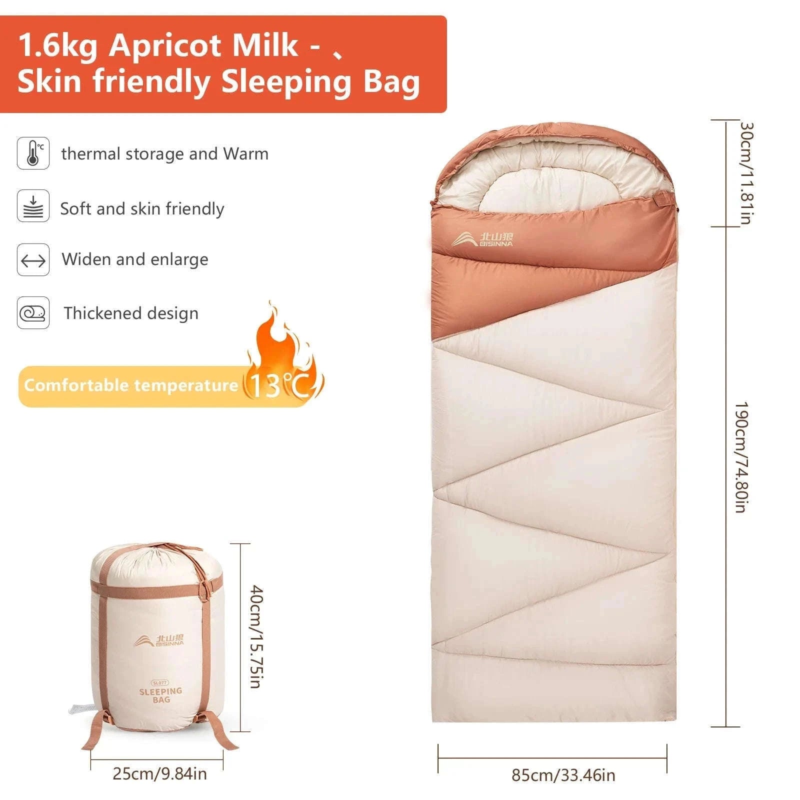 Ultralight 4 Season Camping Sleeping Bag-Orange 1.6kg