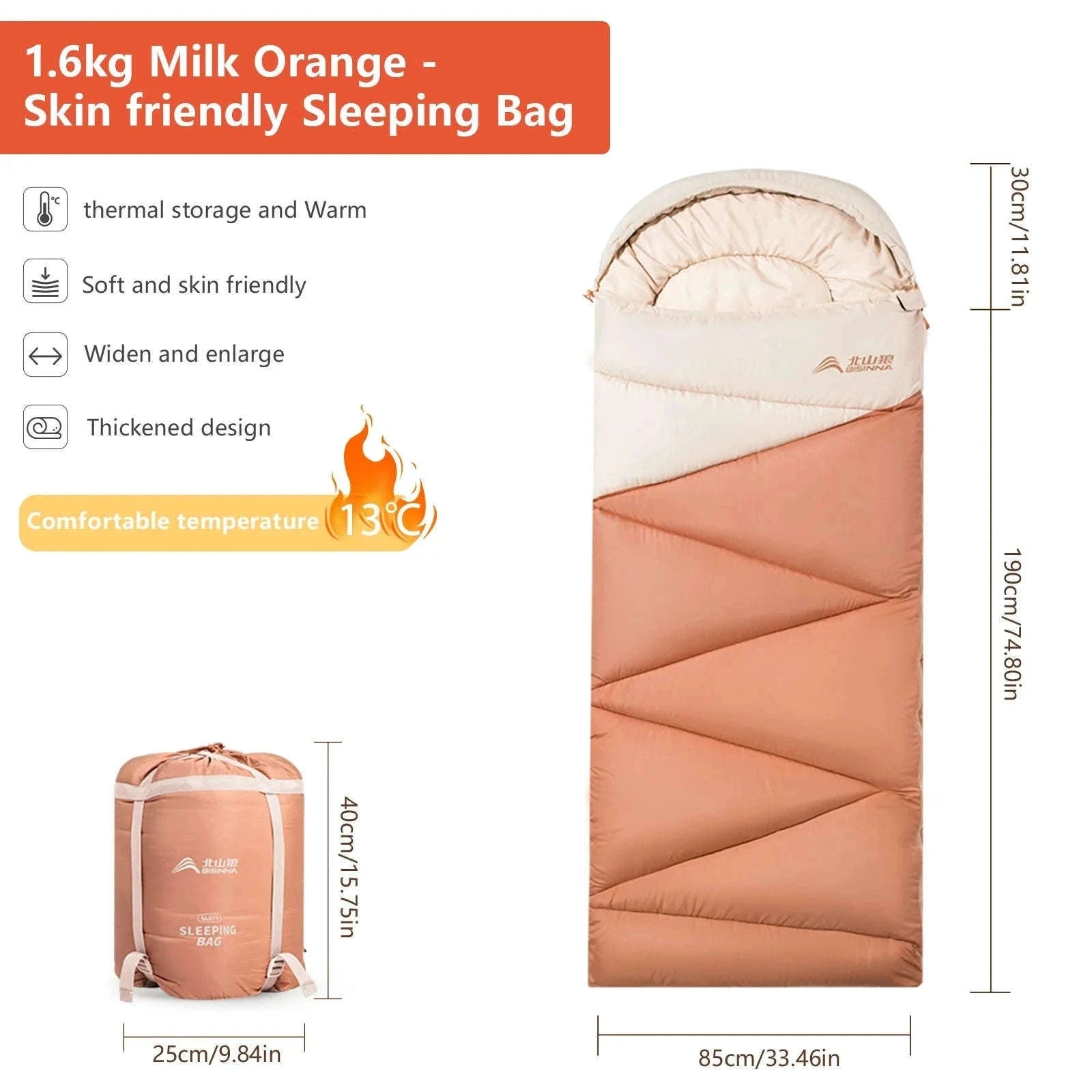 Ultralight 4 Season Camping Sleeping Bag-Orange 1.6kg