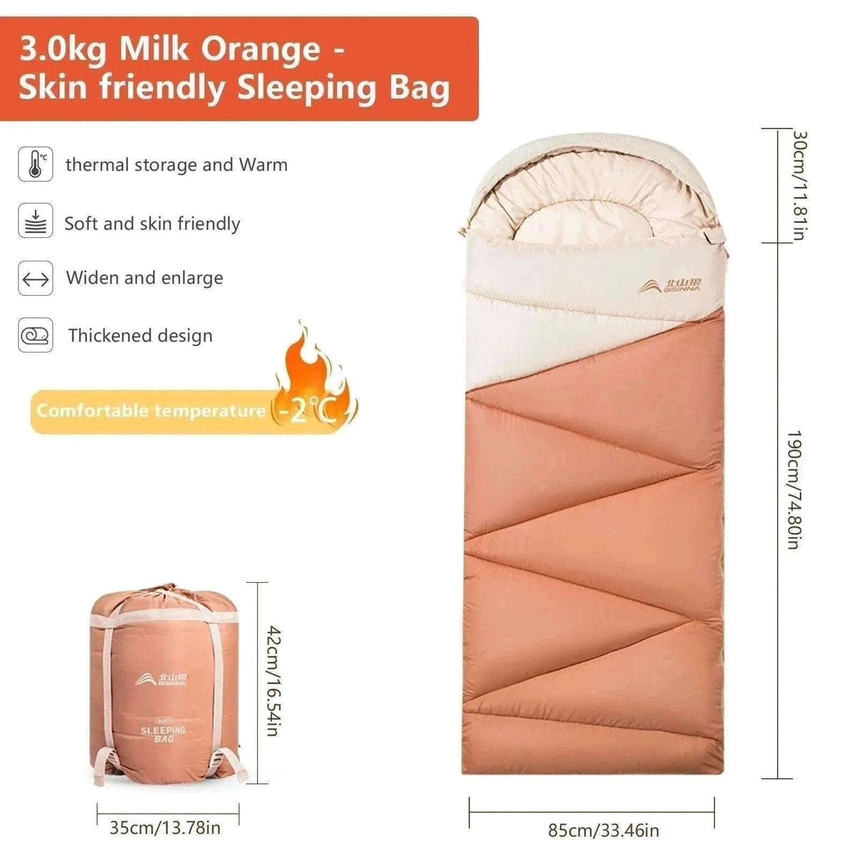 Ultralight 4 Season Camping Sleeping Bag-Orange 1.6kg