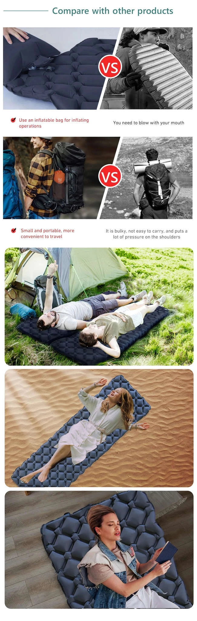 Ultralight Inflatable Camping Sleeping Pad 550g for Travel and Hiking-Green