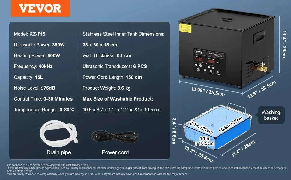 Ultrasonic Cleaner 2L–15L with Timer for Deep Precision Cleaning-15L / Poland