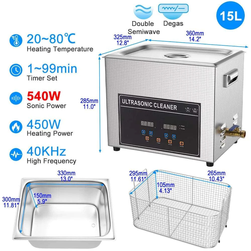 Ultrasonic Cleaner Machine 40kHz Heated Bath for Jewelry, Dental & Tools-30L 840W CJ100SD-4 / EU / China Mainland