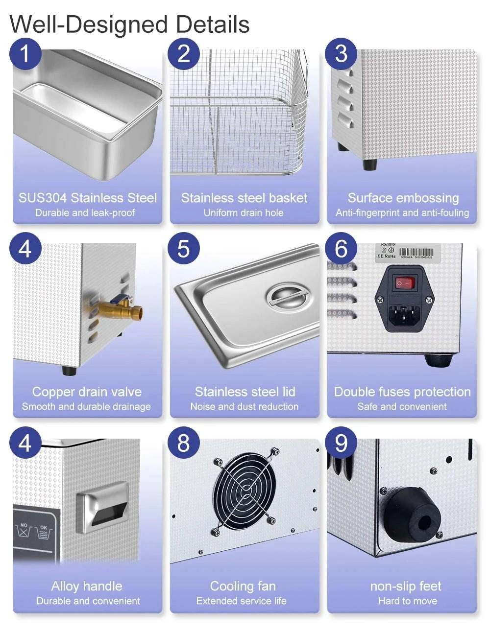 Ultrasonic Cleaner Machine 40kHz Heated Bath for Jewelry, Dental & Tools-30L 840W CJ100SD-4 / EU / China Mainland