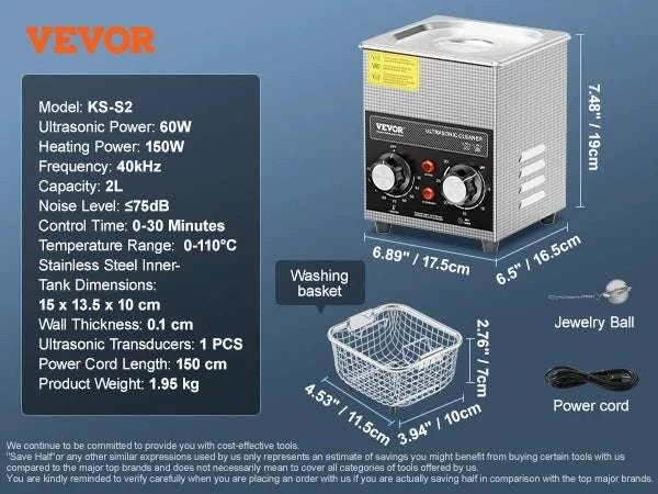 Ultrasonic Cleaner with Heat & Timer for Parts, Jewelry, Tools-2L / GERMANY