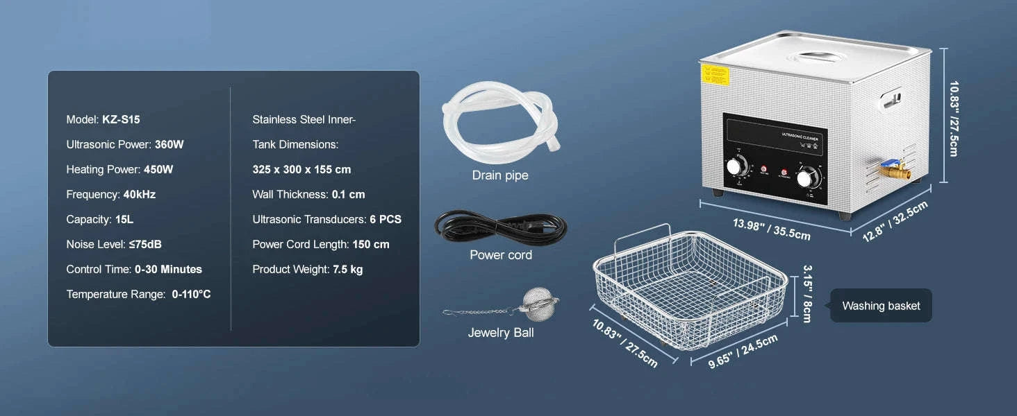 Ultrasonic Cleaner with Heater and Timer for Tools and Parts-15L / spain