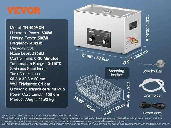 Ultrasonic Cleaner with Heater & Timer for Parts, Tools & Jewelry-3L / United States