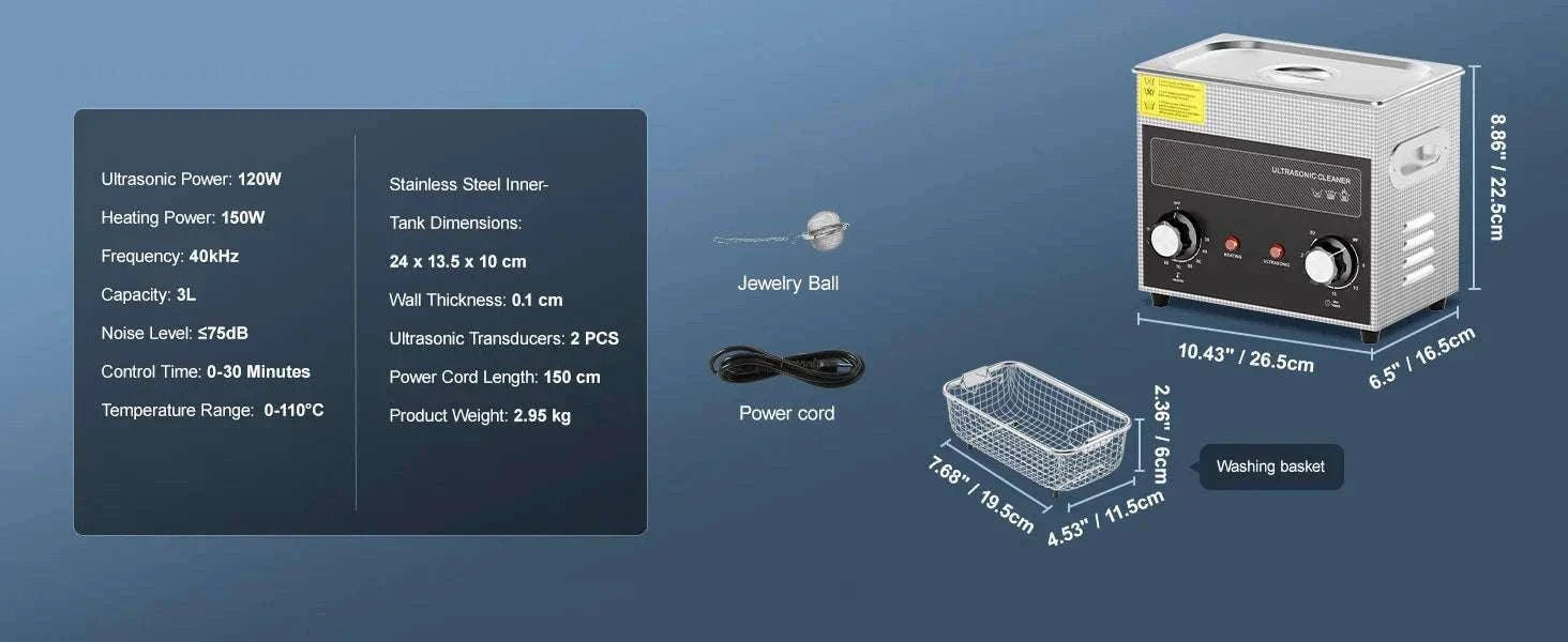 Ultrasonic Cleaner with Heater & Timer for Parts, Tools & Jewelry-3L / United States