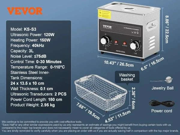 Ultrasonic Cleaner with Heater & Timer for Parts, Tools & Jewelry-3L / United States