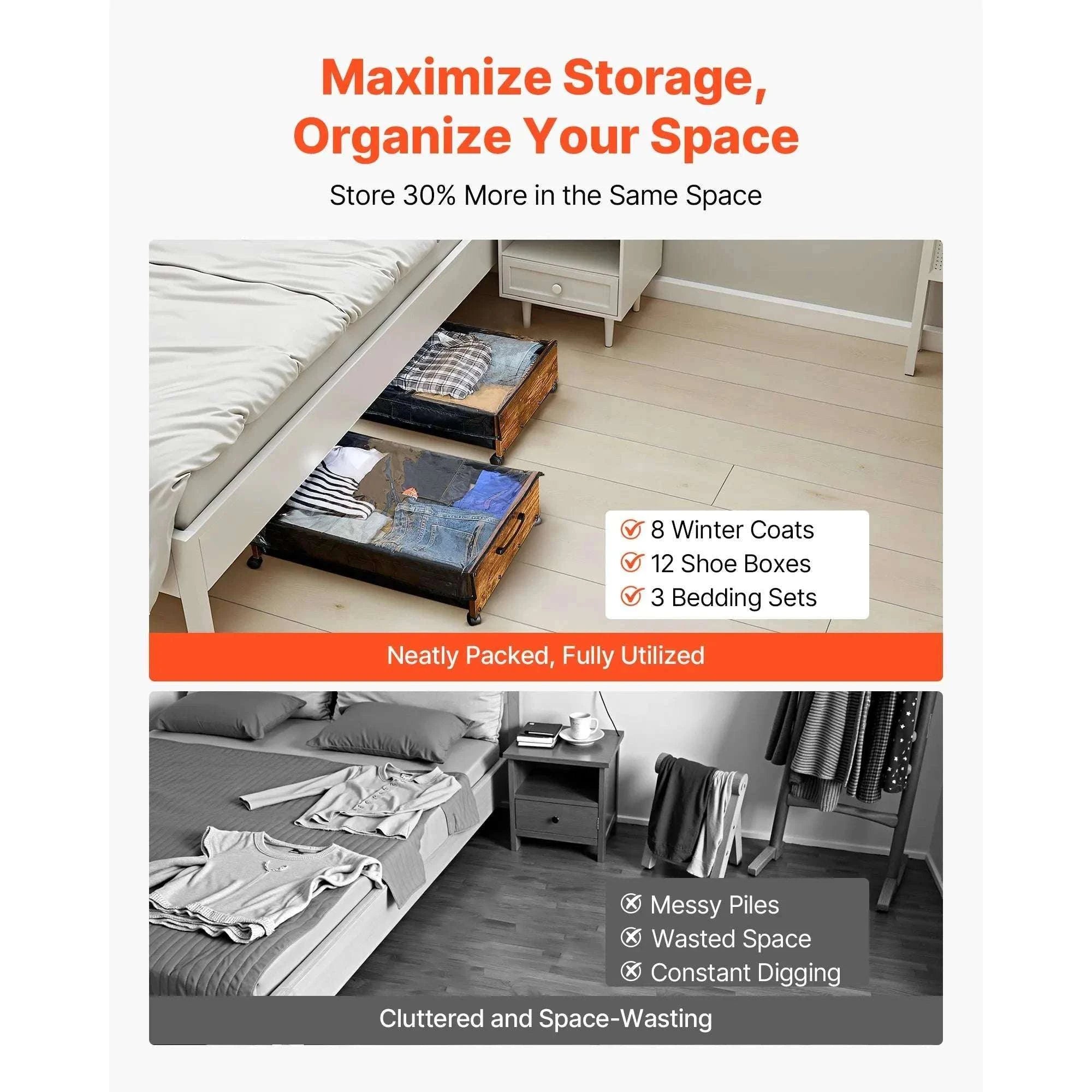 Under Bed Storage Organizer with Wheels and Clear Lid Bins-28-32inch / United States