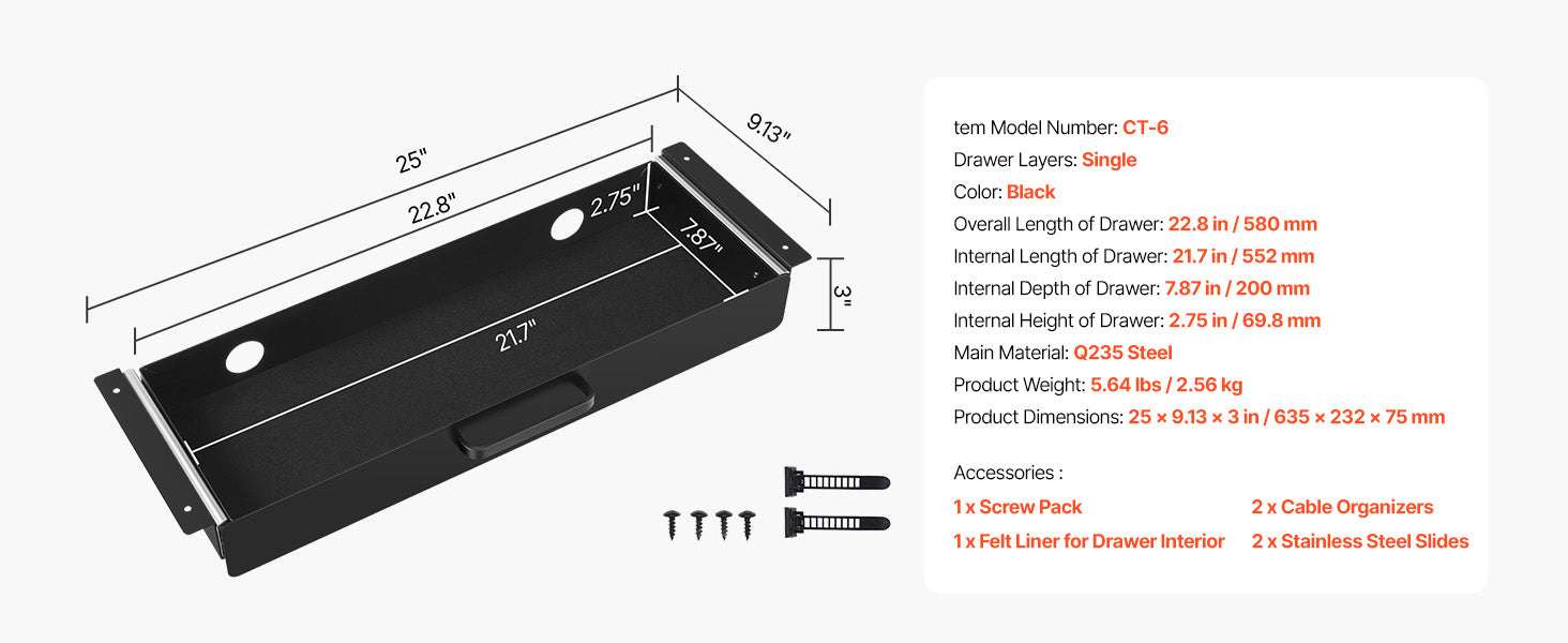 Under Desk Pull-Out Drawer Organizer with Smooth Slide Storage-13 in / United States