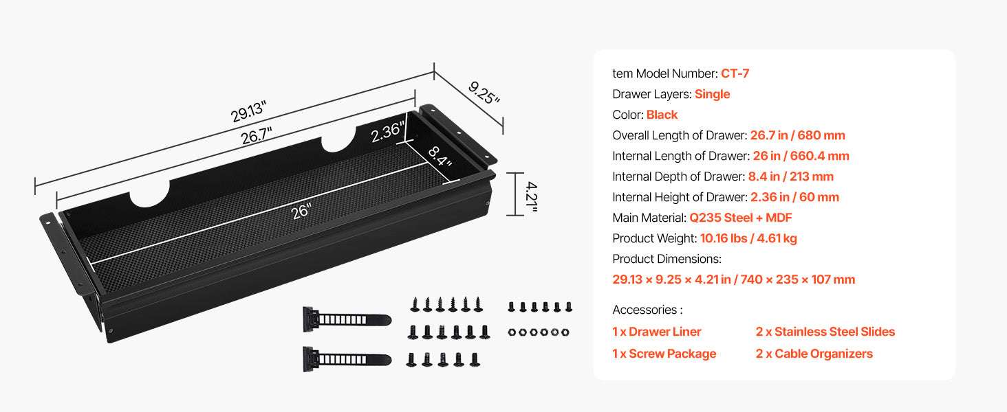 Under Desk Sliding Storage Drawer Organizer for Clean Workspace-30in / United States