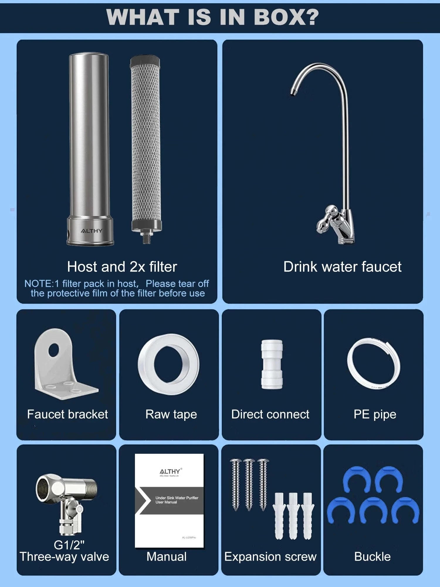 Under Sink Drinking Water Filter Purifier 5-in-1 Stainless Steel Filtration System With Faucet-Host and 2xFilter