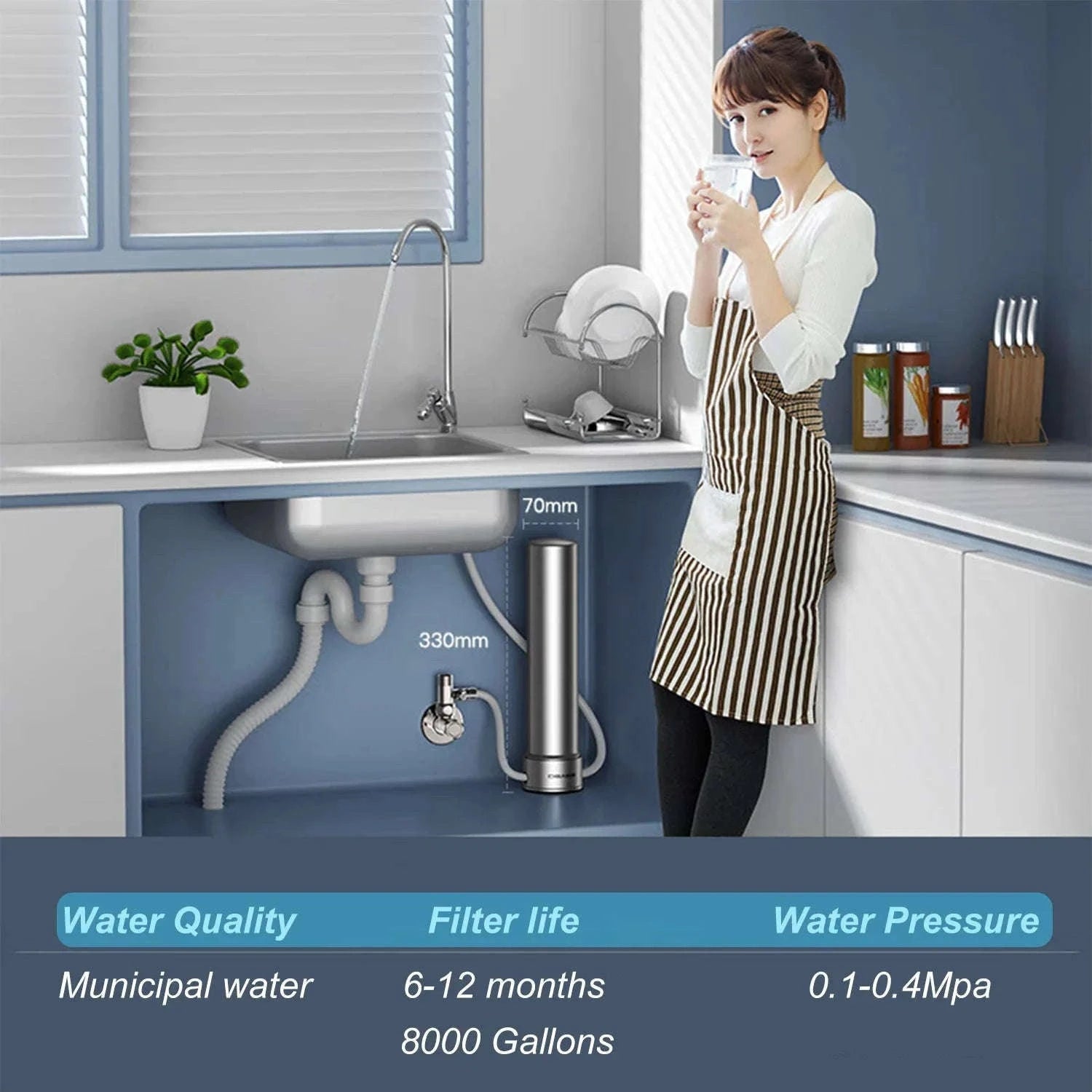 Under Sink Drinking Water Filter Purifier 5-in-1 Stainless Steel Filtration System With Faucet-Host and 2xFilter