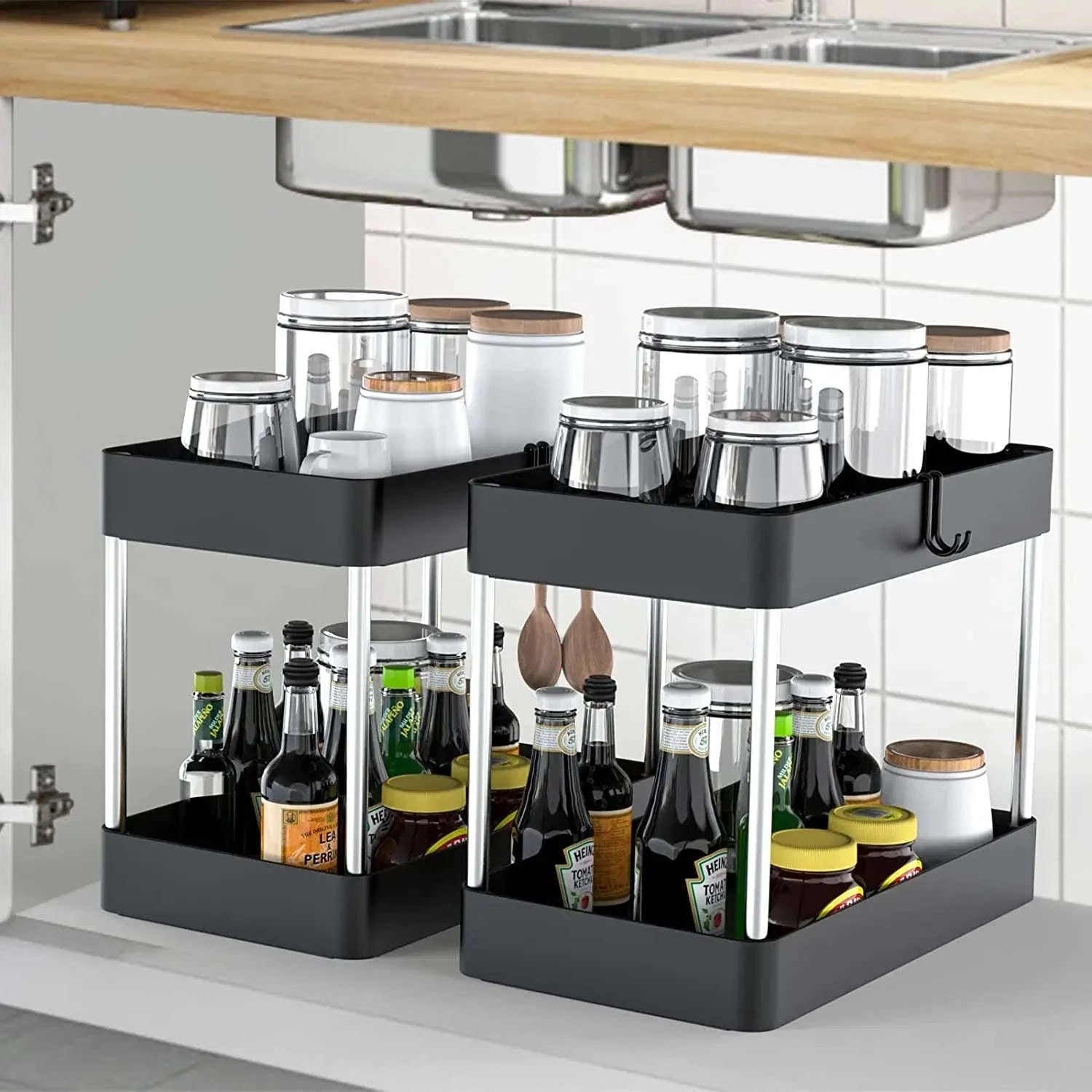 Under Sink Storage Organizer with 2‑Tier Pull-Out Drawers-1PCS / black with hook