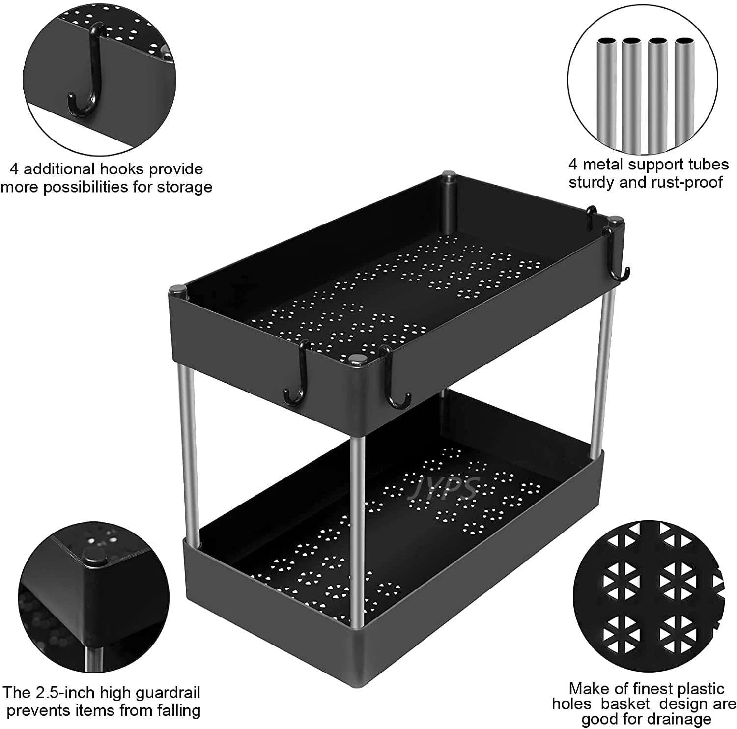 Under Sink Storage Organizer with 2‑Tier Pull-Out Drawers-1PCS / black with hook