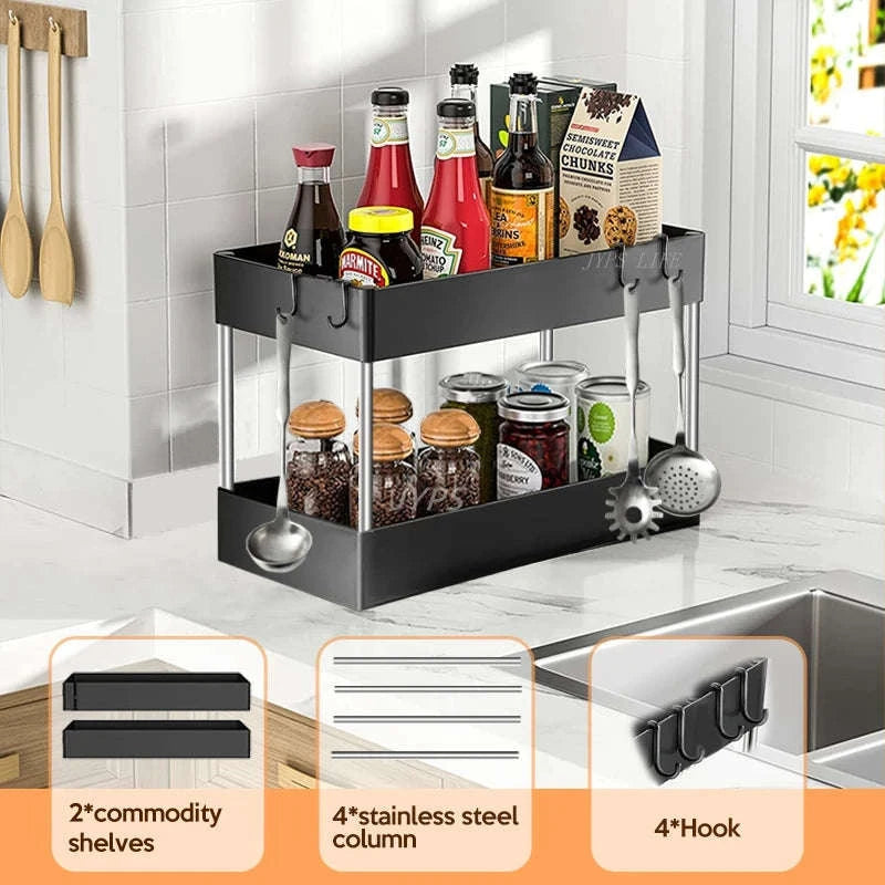 Under Sink Storage Organizer with 2‑Tier Pull-Out Drawers-1PCS / black with hook