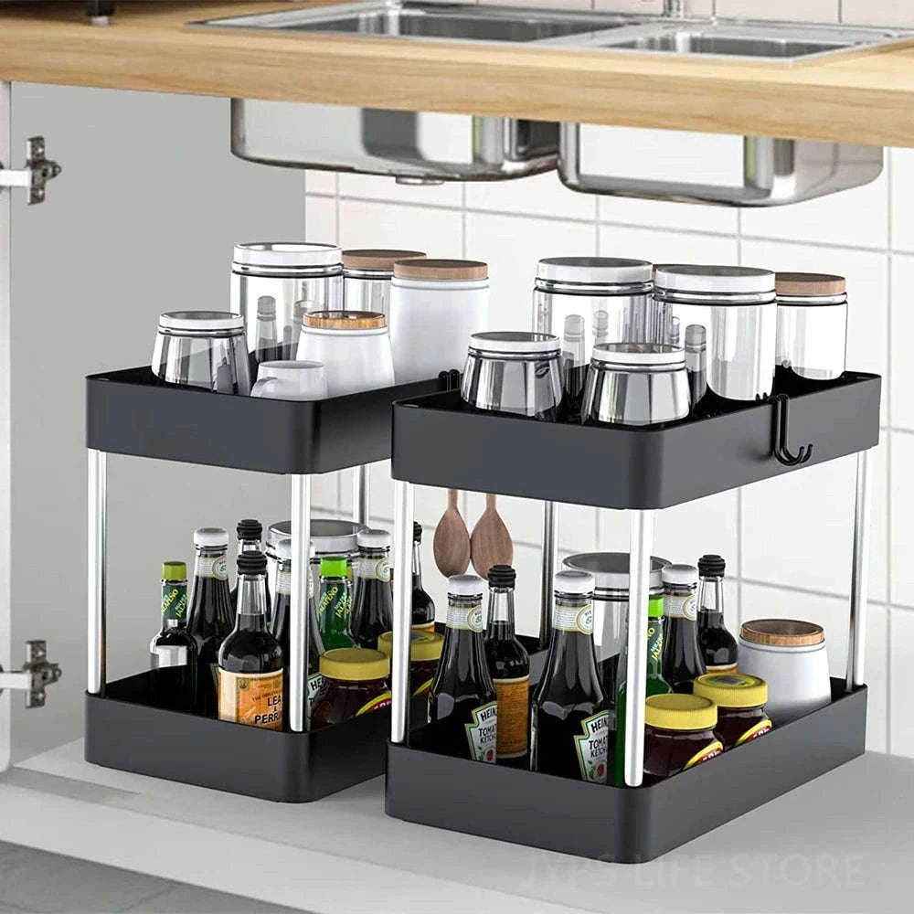 Under Sink Storage Organizer with 2-Tier Pull-Out Drawers-1PCS / black with hook