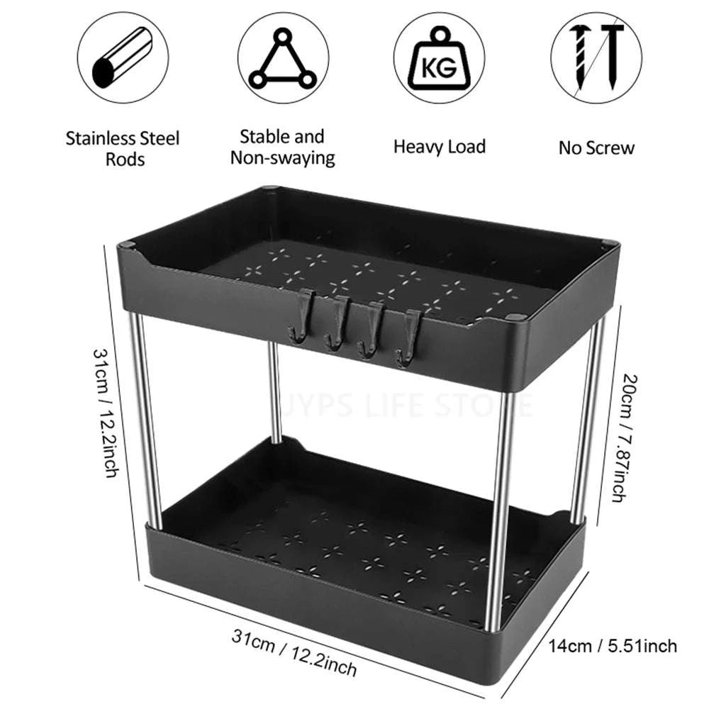 Under Sink Storage Organizer with 2‑Tier Pull-Out Drawers-1PCS / black with hook