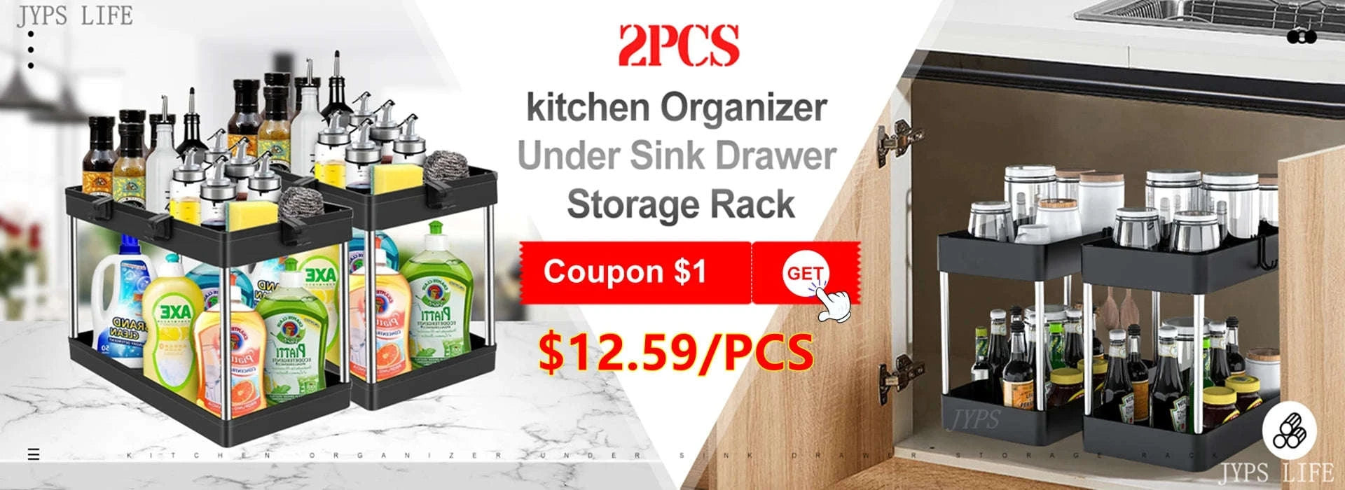 Under Sink Storage Organizer with 2‑Tier Pull-Out Drawers-1PCS / black with hook