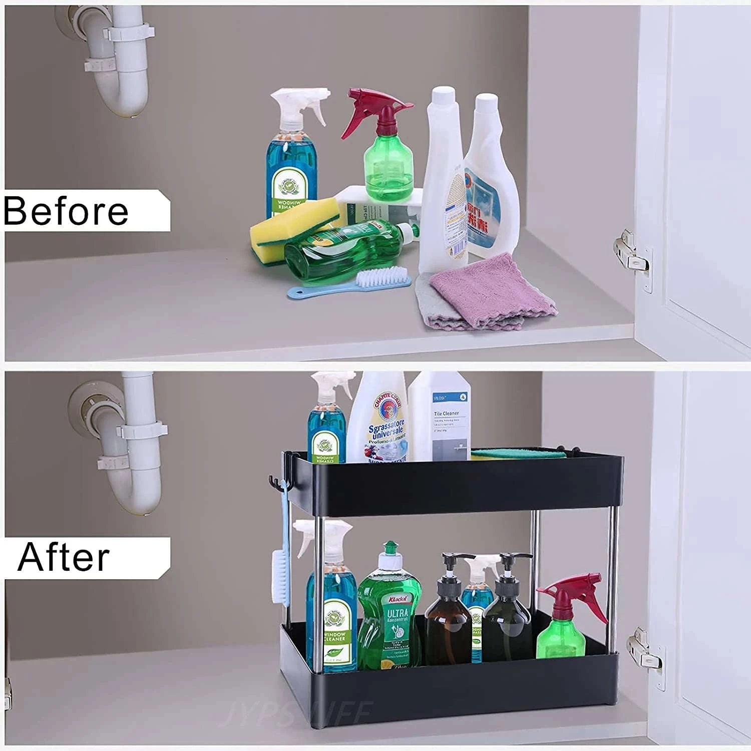 Under Sink Storage Organizer with 2‑Tier Pull-Out Drawers-1PCS / black with hook
