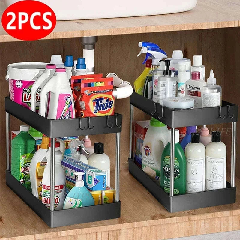 Under Sink Storage Organizer with 2-Tier Pull-Out Drawers-1PCS / black with hook