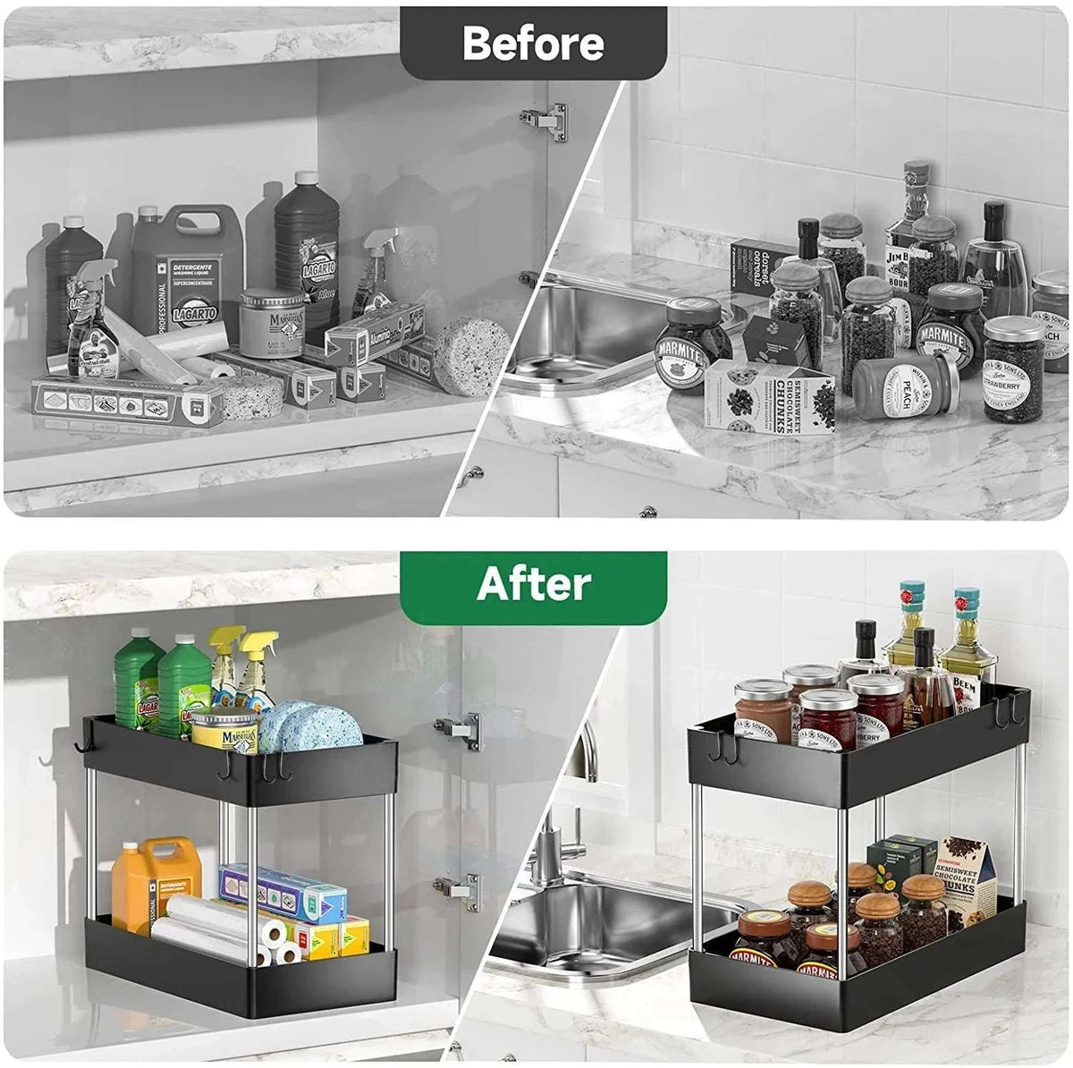 Under Sink Storage Organizer with 2-Tier Pull-Out Drawers-1PCS / black with hook