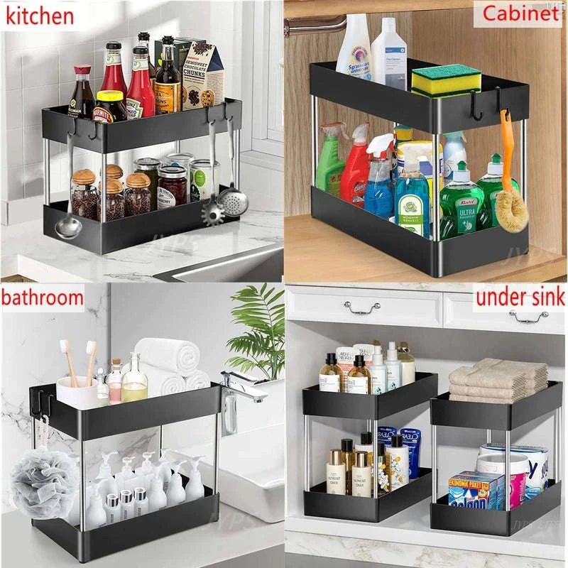 Under Sink Storage Organizer with 2‑Tier Pull-Out Drawers-1PCS / black with hook