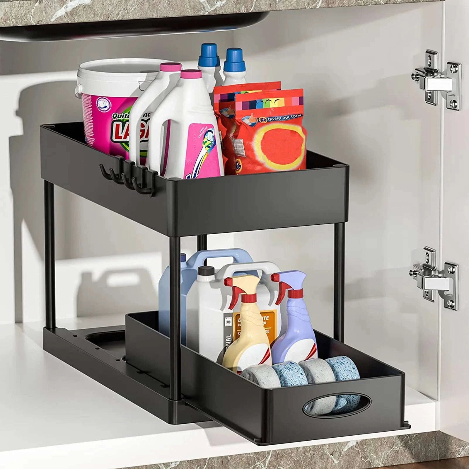 Under Sink Storage Organizer with 2‑Tier Pull-Out Drawers-1PCS / black with hook