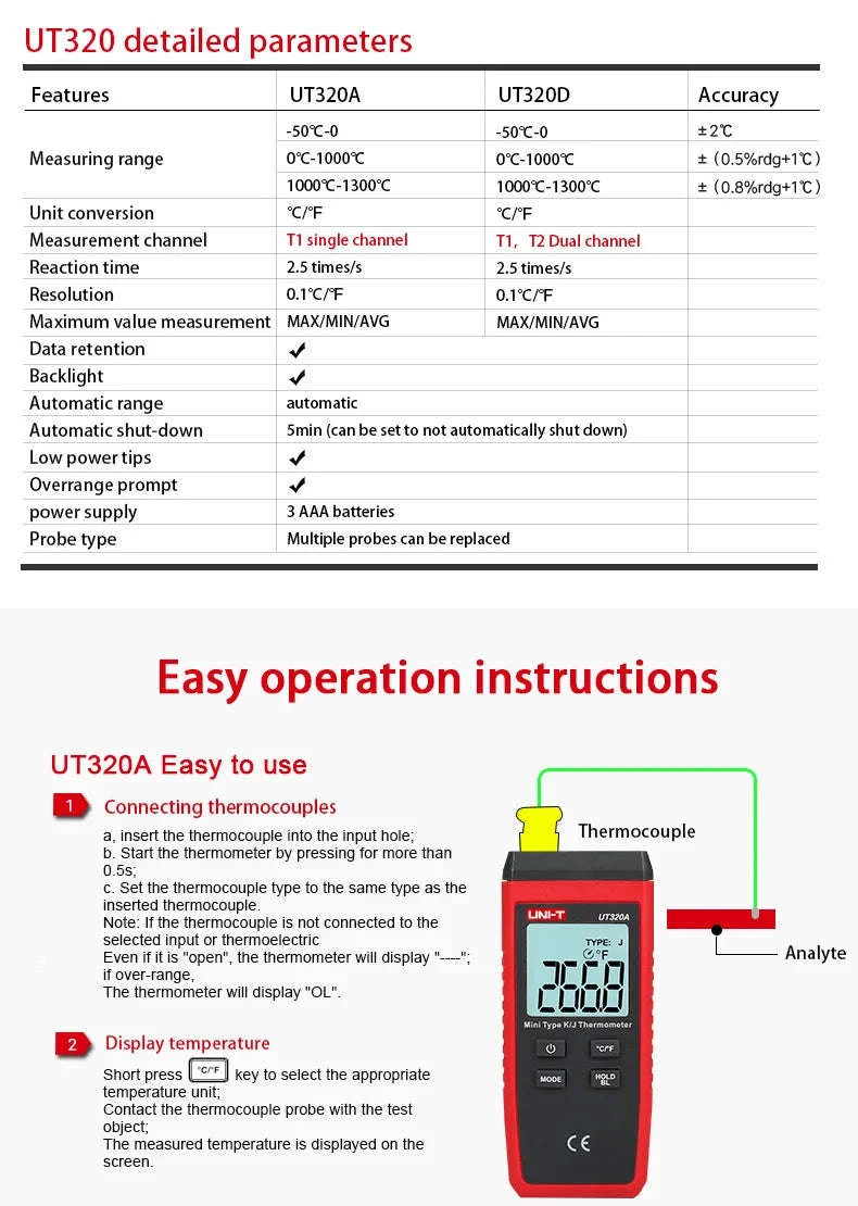 UNI-T UT320D Dual Channel Thermometer-UT320A