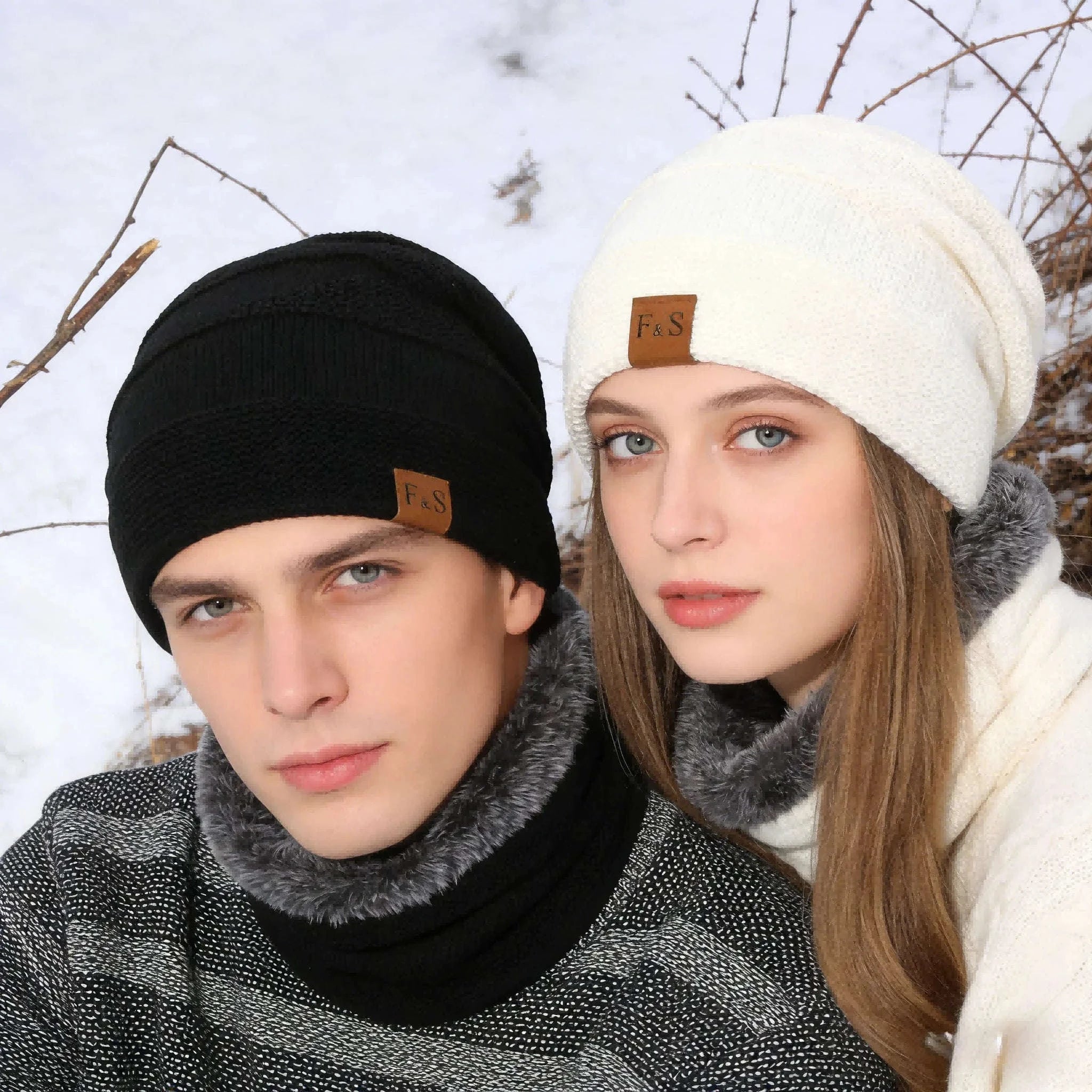 Unisex Slouchy Winter Hat with Fur Lining — Warm Casual Beanie-White / 56cm-60cm