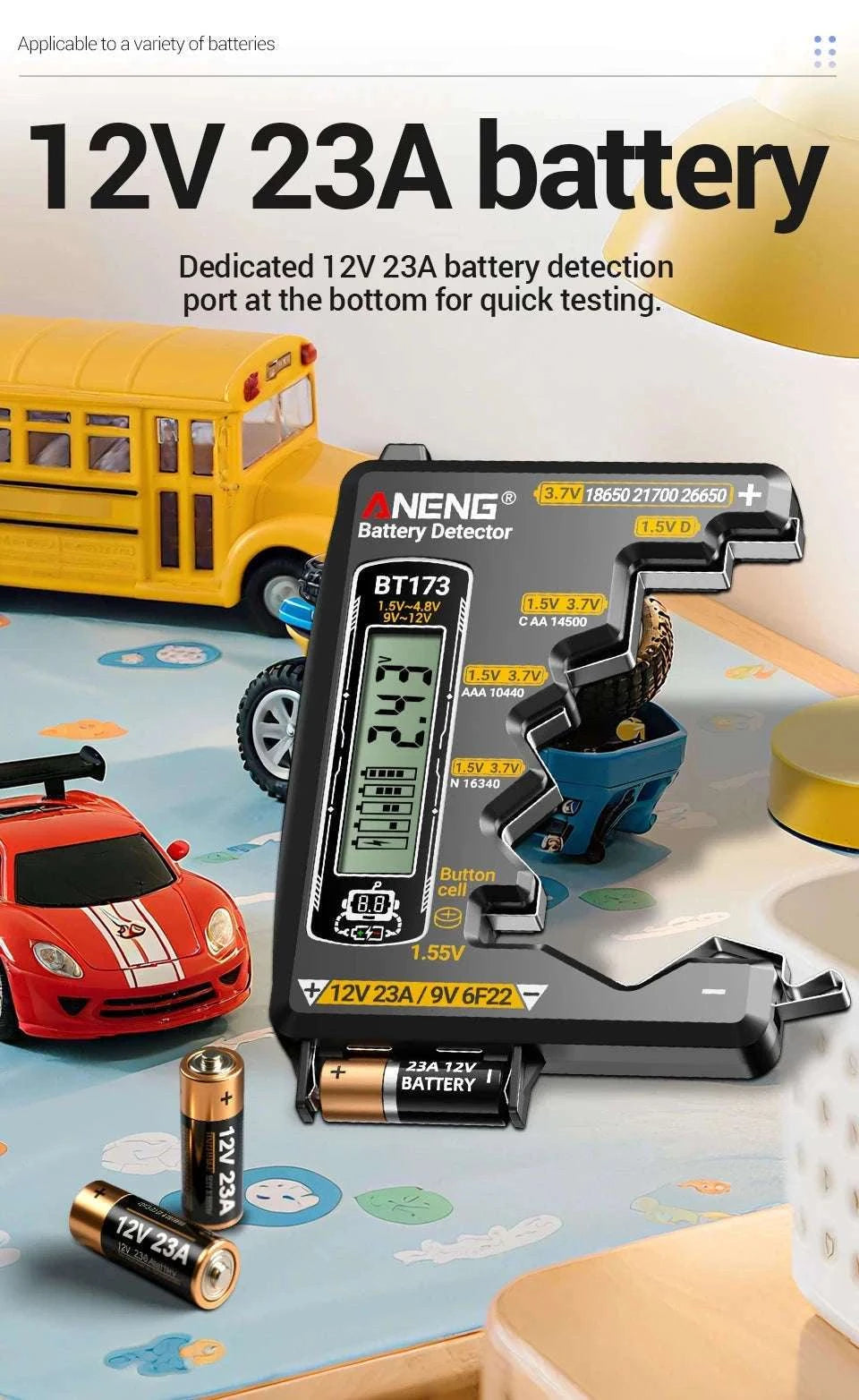 Universal Battery Tester for AA AAA C D 9V Button Cell and Lithium-Black