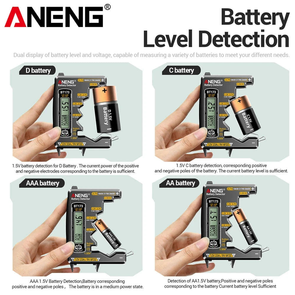 Universal Battery Tester for AA AAA C D 9V Button Cell and Lithium-Black