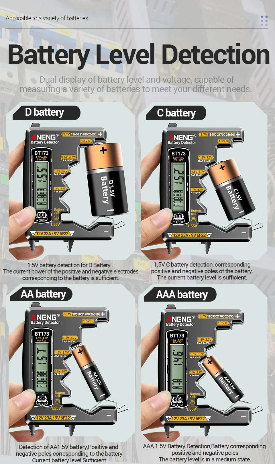 Universal Battery Tester for AA AAA C D 9V Button Cell and Lithium-Black