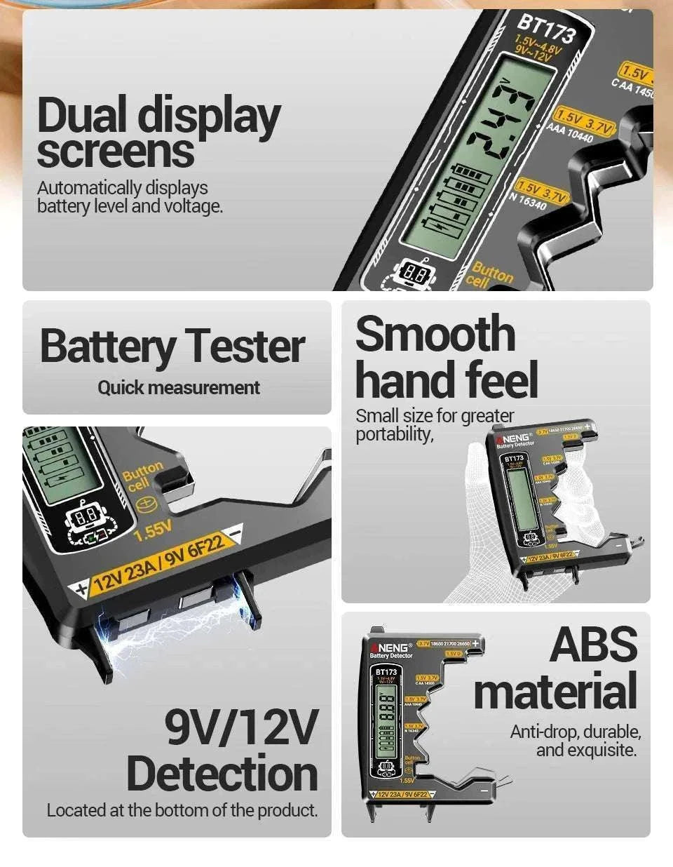 Universal Battery Tester for AA AAA C D 9V Button Cell and Lithium-Black