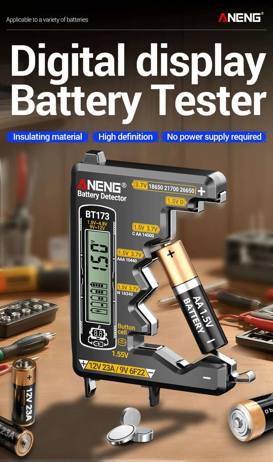 Universal Battery Tester for AA AAA C D 9V Button Cell and Lithium-Black