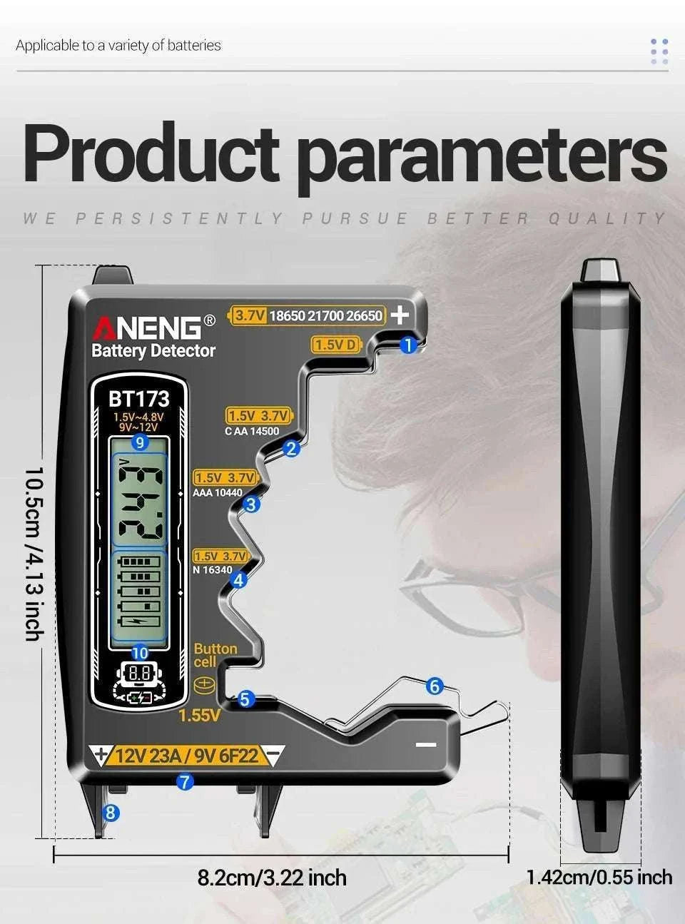Universal Battery Tester for AA AAA C D 9V Button Cell and Lithium-Black