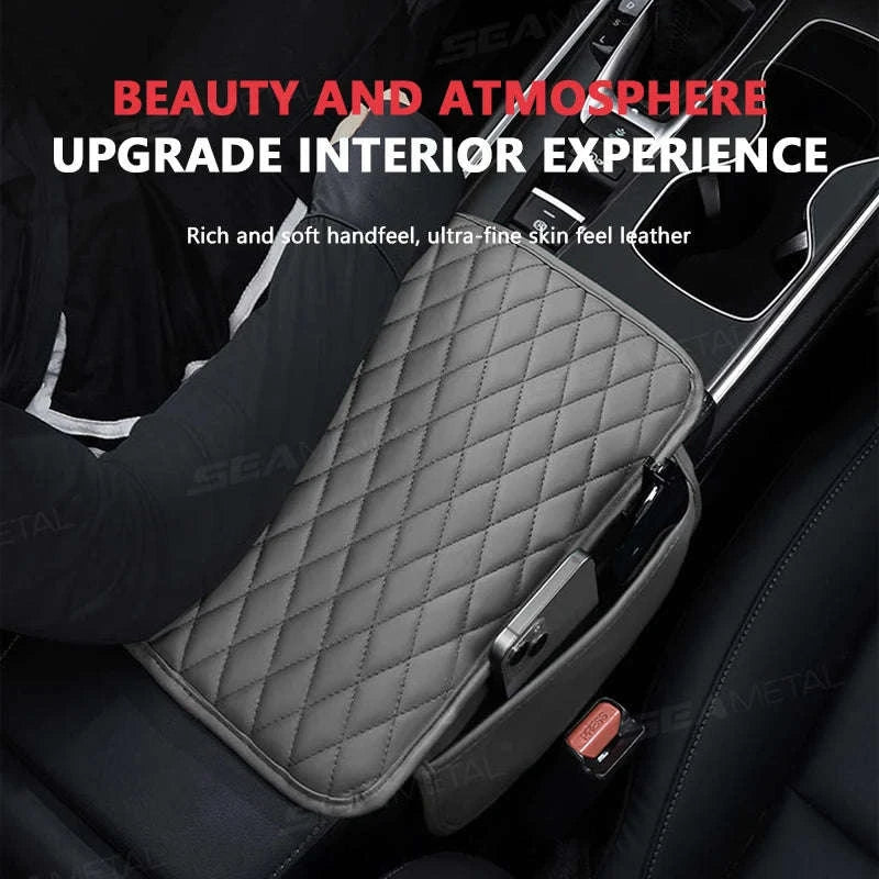 Universal Car Armrest Box Cover with Storage Pockets-Option A Gray / PU