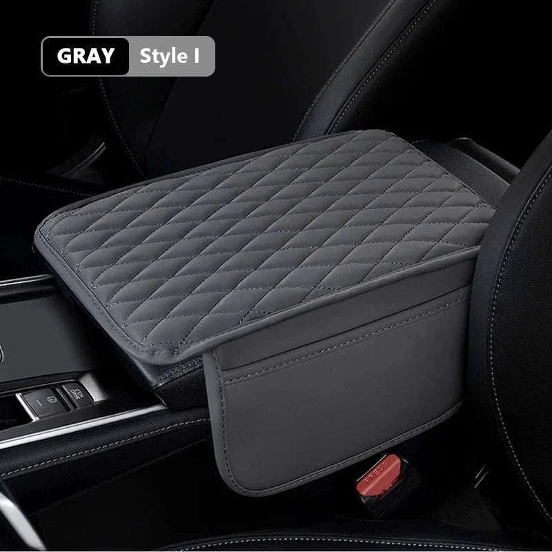Universal Car Armrest Box Cover with Storage Pockets-Option A Gray / PU