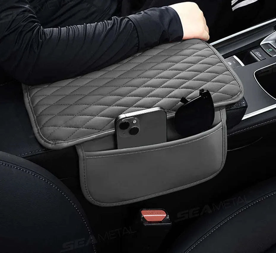 Universal Car Armrest Box Cover with Storage Pockets-Option A Gray / PU