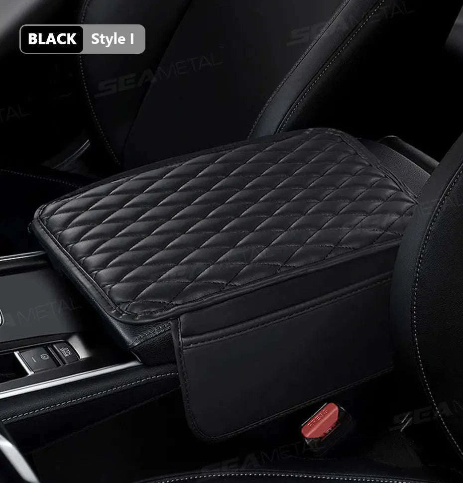 Universal Car Armrest Box Cover with Storage Pockets-Option A Gray / PU