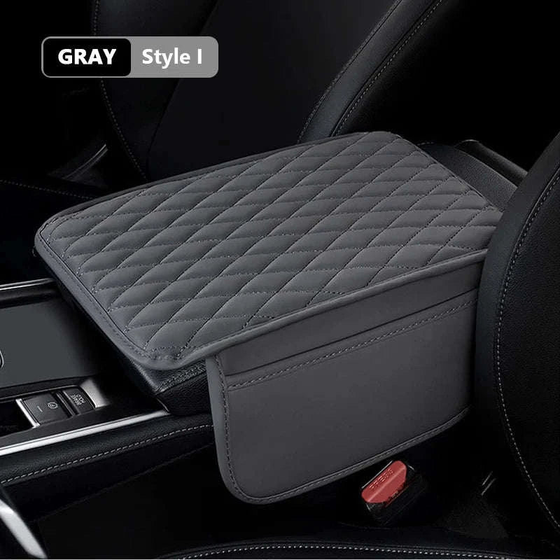 Universal Car Armrest Box Cover with Storage Pockets-Option A Gray / PU