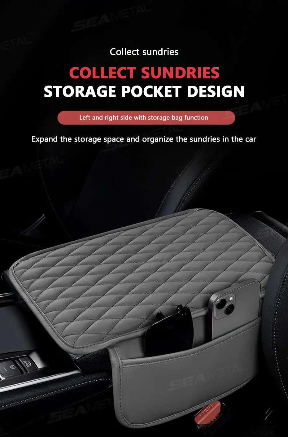 Universal Car Armrest Box Cover with Storage Pockets-Option A Gray / PU