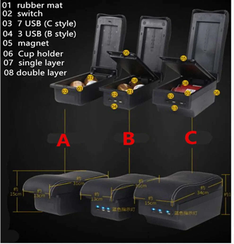 Universal Car Armrest Box with Storage-A2 black line No USB