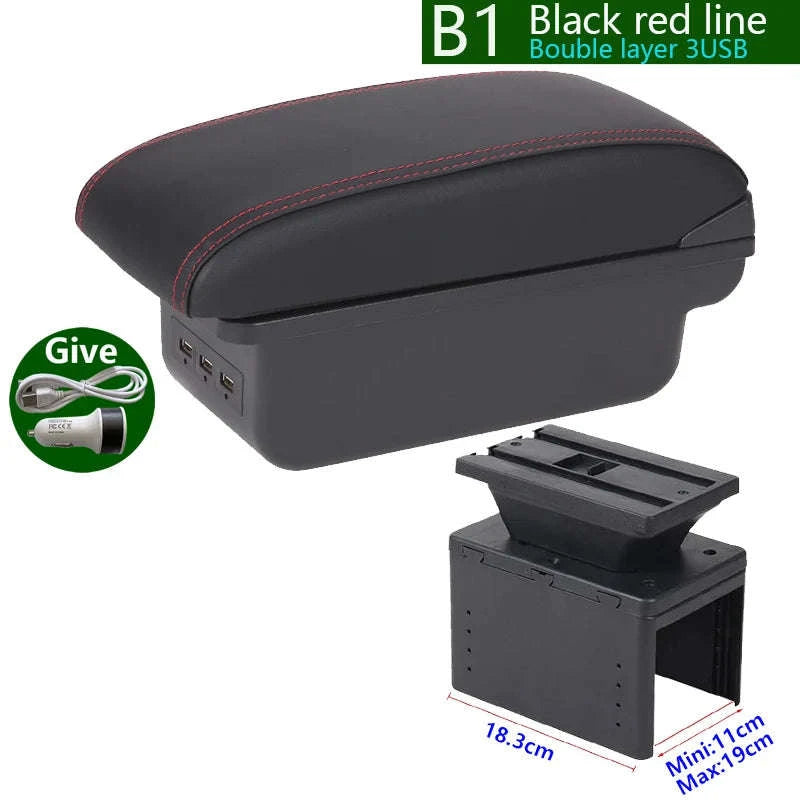 Universal Car Armrest with Storage and Optional USB Ports-C1 Black red No USB