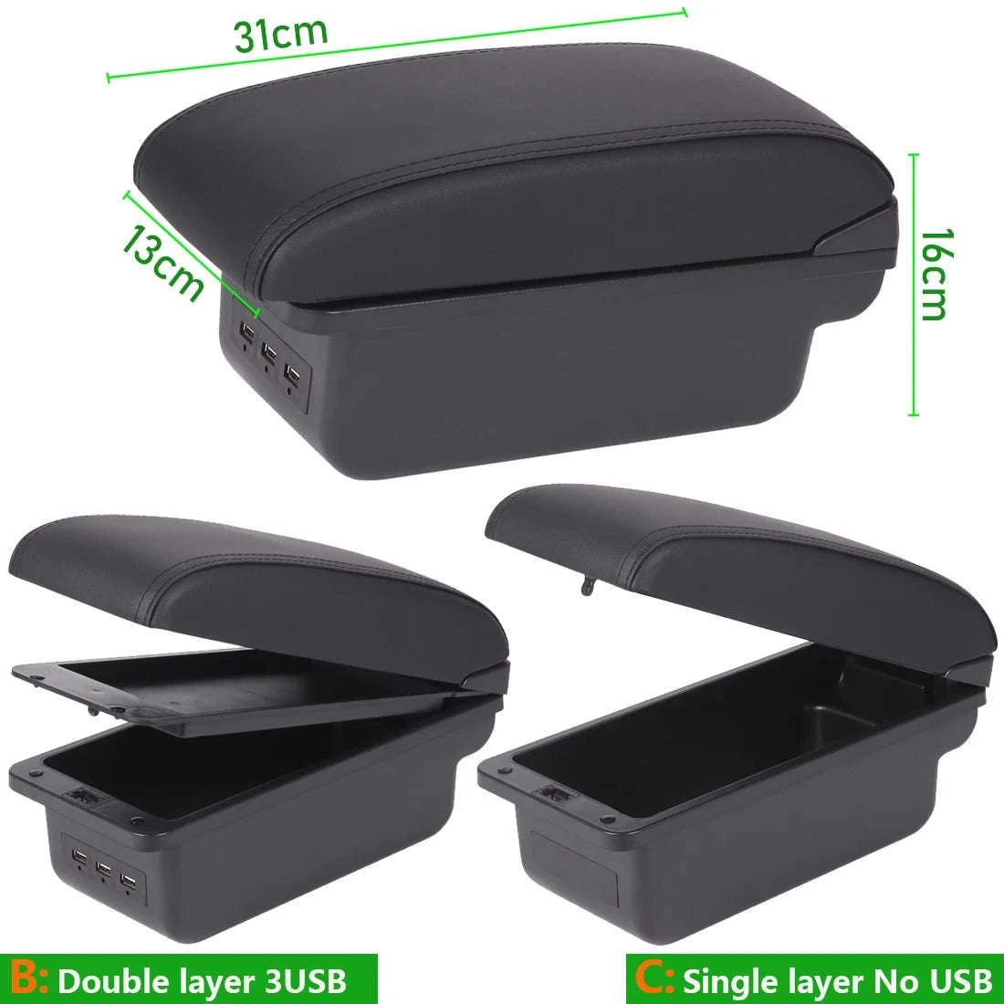 Universal Car Armrest with Storage and Optional USB Ports-C1 Black red No USB