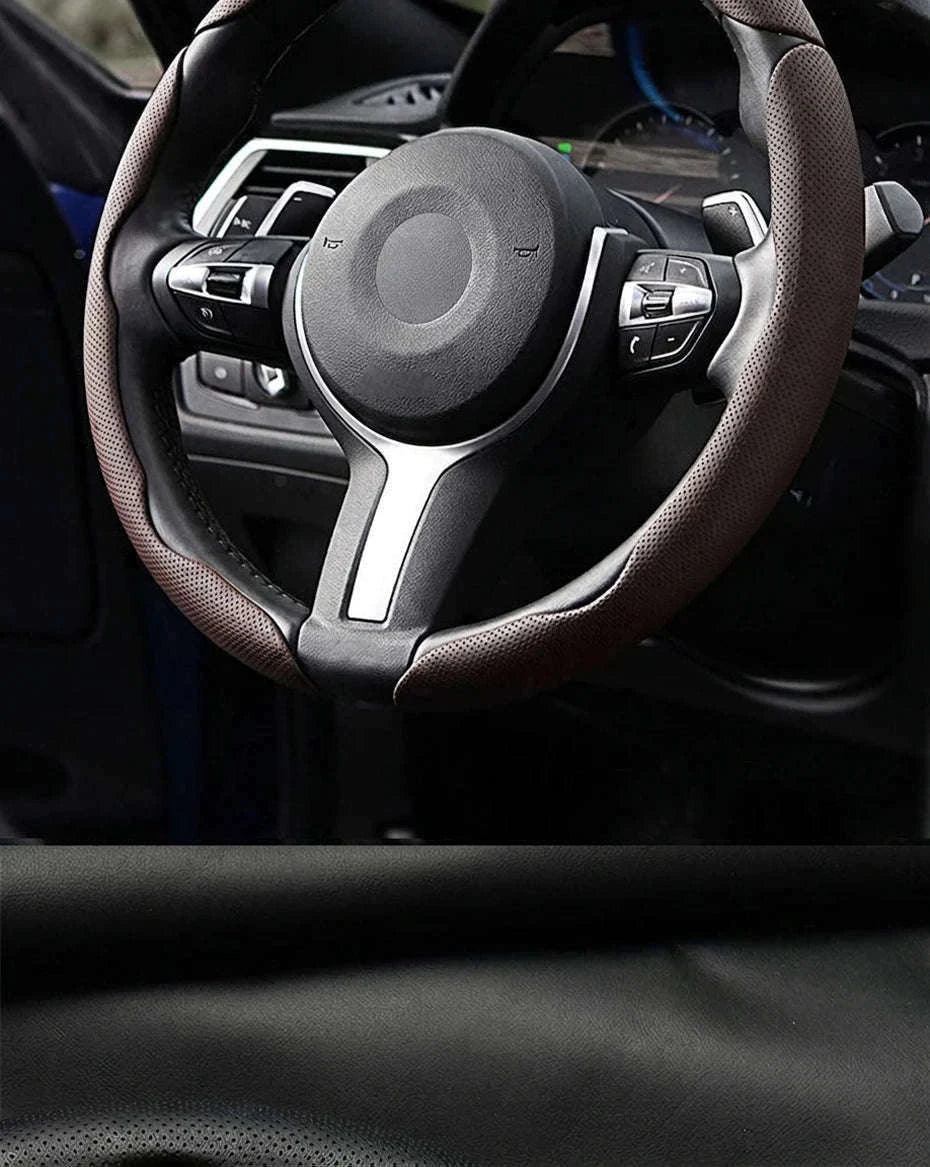 Universal Car Steering Wheel Cover 3-Piece Premium Leather Ultra-Slim Non-Slip-3Pcs Black-Red Tag