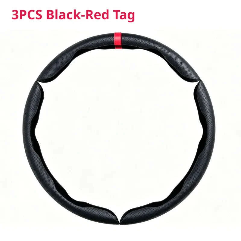 Universal Car Steering Wheel Cover 3-Piece Premium Leather Ultra-Slim Non-Slip-3Pcs Black-Red Tag